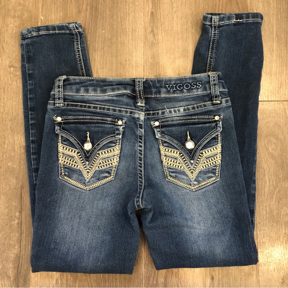 Vigoss Girls Skinny Jeans‎ 8 Chunky Embellished Pockets (D27)